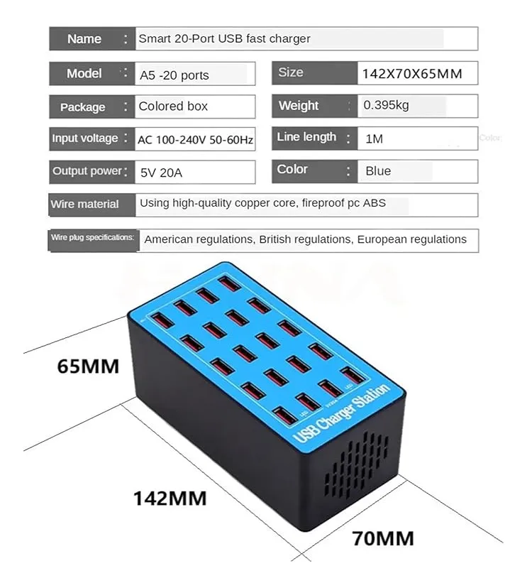20 Puertos Cargador Usb 100w 5v Anwinka5+ Cargador Rápido - Imagen 4