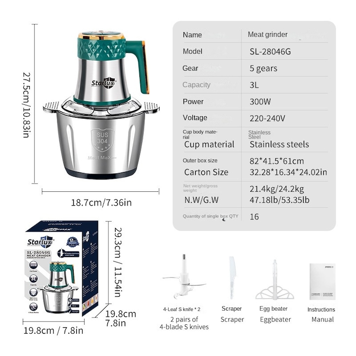 Picadora Multiusos Starlux 3l Acero Inoxidable - Imagen 7
