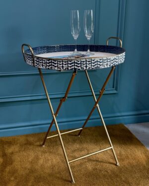 Mesa Plegable Decorativa Acero & Centro De Madera 54.5x50x68cm Dorado Y Azul