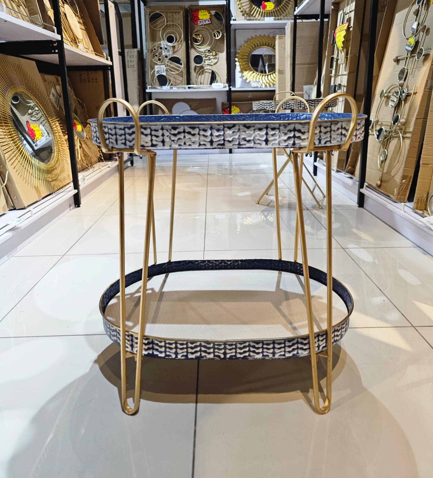 Mesa Plegable Decorativa Acero & Centro De Madera 41x61x61cm Azul Y Dorado - Imagen 2