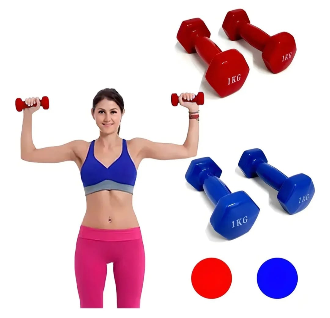 Mancuernas 1kg Pack 2 Hierro Recubierto Vinilo Gym Hogar Azul Y Rojo