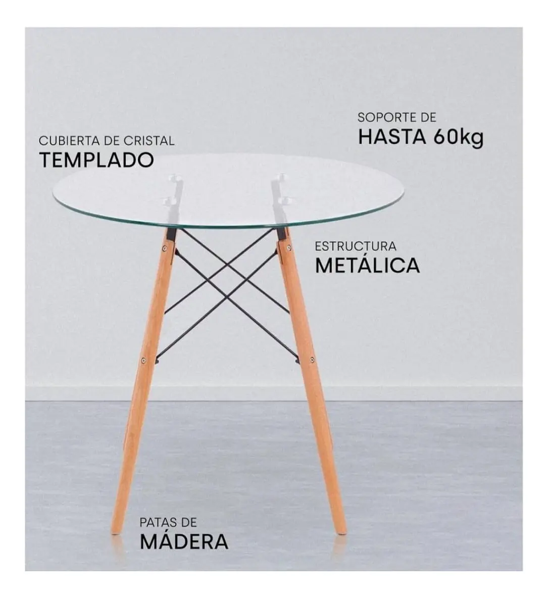 Mesa Redonda Vidrio Templado 70x70x74 Patas Madera - Imagen 7