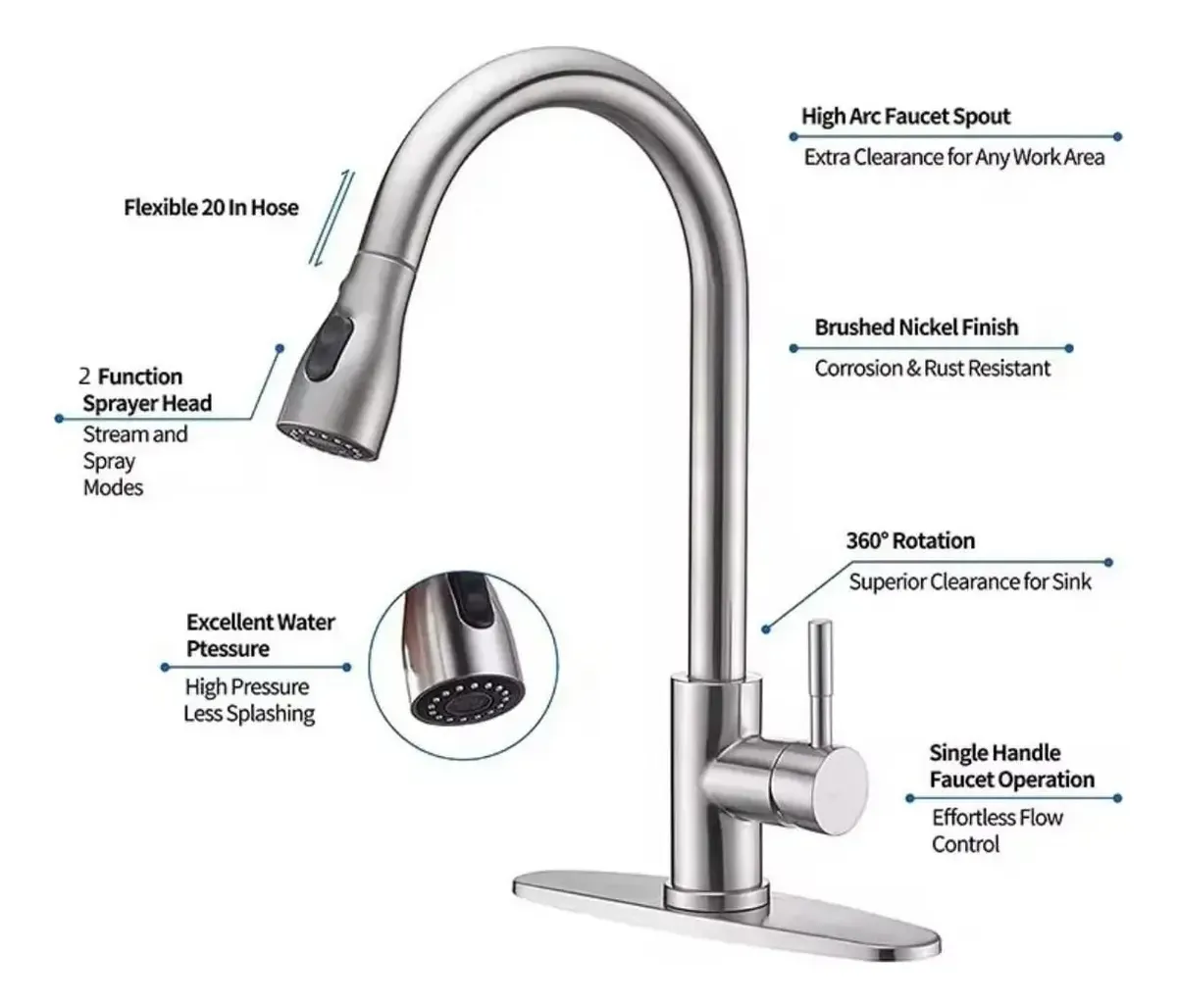 Llave Grifo Lavaplatos Cocina Monomando Extensible40cm Acero - Imagen 3