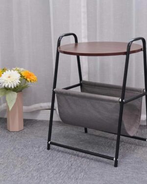 Mesa Auxiliar Redonda Con Revistero De Tela Y Metal Negro 45cm