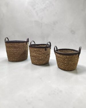 Set 3 Canastos De Fibra Natural Con Asas De Cuero